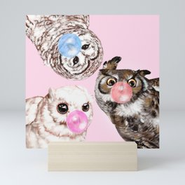 Playful Owls Bubble Gum Gang in Pink Mini Art Print