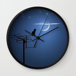 'Goodnight Moon - Cat on a Roof' portrait Wall Clock | Playful, Painting, Cat, Catonroof, Blackcats, Moon, Kids, Decor, Goodnightmoon, Rooftop 
