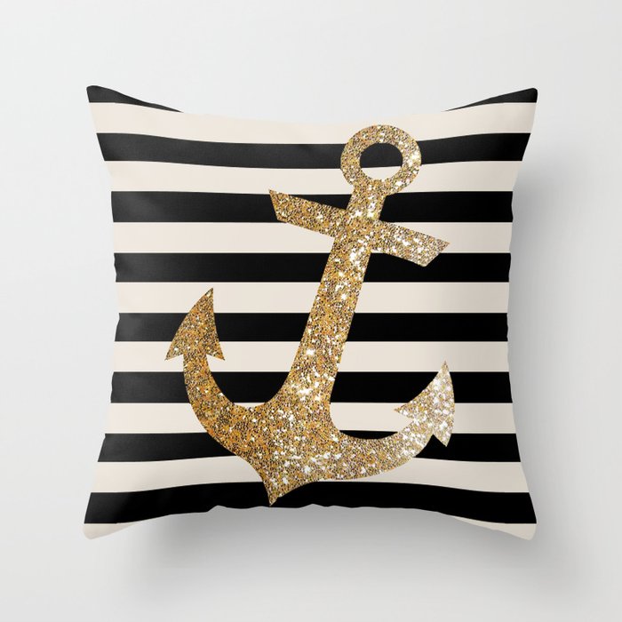 GOLD GLITTER ANCHOR IN BLACK AND NUDE Throw Pillow