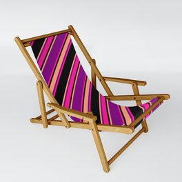 [ Thumbnail: Purple, Deep Pink, Black & Light Salmon Colored Striped Pattern Sling Chair ]