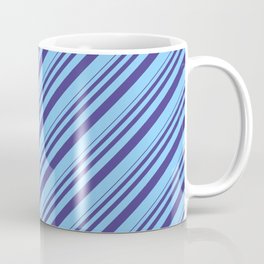 [ Thumbnail: Dark Slate Blue and Light Sky Blue Colored Stripes/Lines Pattern Coffee Mug ]