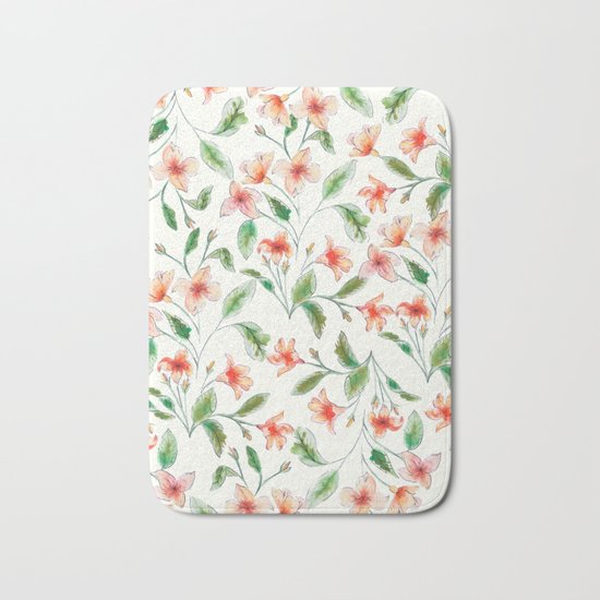 Orange Watercolor Botanical Pattern Bath Mat