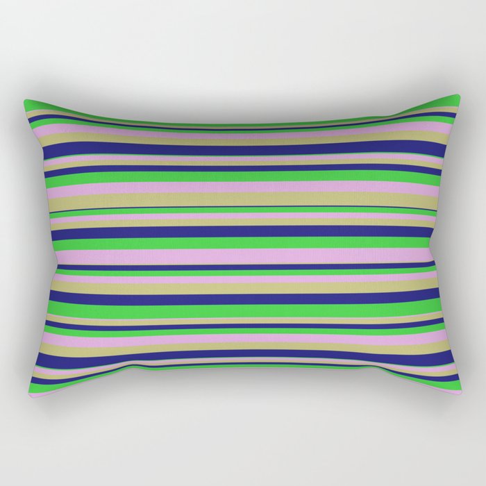 Plum, Dark Khaki, Midnight Blue, and Lime Green Colored Lines/Stripes Pattern Rectangular Pillow