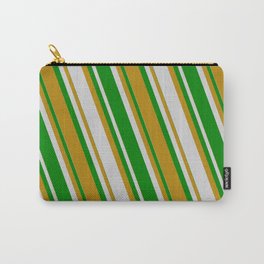 [ Thumbnail: Light Gray, Green & Dark Goldenrod Colored Lines Pattern Carry-All Pouch ]
