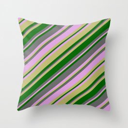 [ Thumbnail: Dim Grey, Plum, Dark Khaki & Dark Green Colored Striped/Lined Pattern Throw Pillow ]