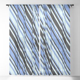 [ Thumbnail: Cornflower Blue, Black, and Light Cyan Colored Striped Pattern Sheer Curtain ]