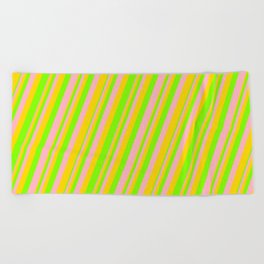 [ Thumbnail: Light Pink, Yellow & Chartreuse Colored Lines Pattern Beach Towel ]