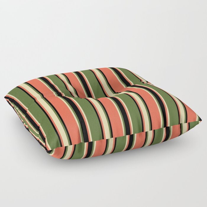 Dark Olive Green, Tan, Red, and Black Colored Striped Pattern Floor Pillow