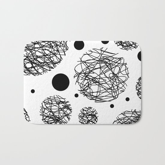 Scribbles - Black and white scribbles and black circles pattern on white Bath Mat