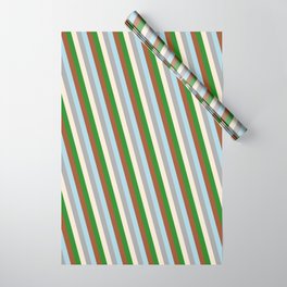 [ Thumbnail: Eyecatching Dark Grey, Beige, Forest Green, Sienna, and Light Blue Colored Stripes/Lines Pattern Wrapping Paper ]