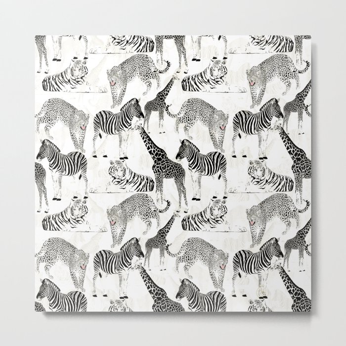 Stylish Black and White Jungle Animals Pattern Metal Print