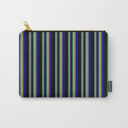 [ Thumbnail: Turquoise, Dark Goldenrod, Dark Blue & Black Colored Stripes Pattern Carry-All Pouch ]