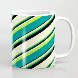 [ Thumbnail: Light Green, Dark Cyan, Black & Light Yellow Colored Striped/Lined Pattern Coffee Mug ]