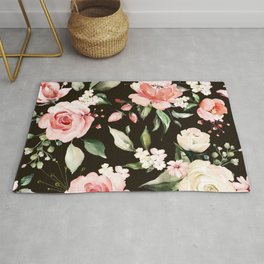 Pink & White Roses On Black Background Watercolor Painting Floral Pattern Rug | Roses, Watercolorpainting, Background, Floralpattern, Graphicdesign, Pink White, Watercolor, Pattern, Onblack 