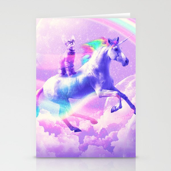 Kitty Cat Riding On Flying Unicorn With Rainbow Stationery Cards
