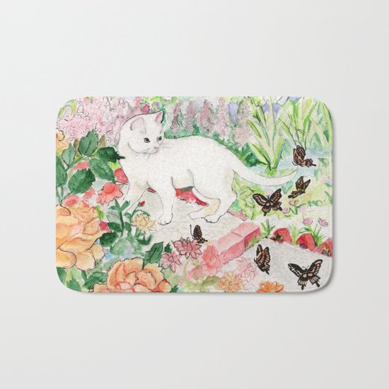 White Cat in a Garden Bath Mat