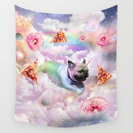 Rainbow Unicorn Pug In The Clouds In Space Wall Tapestry