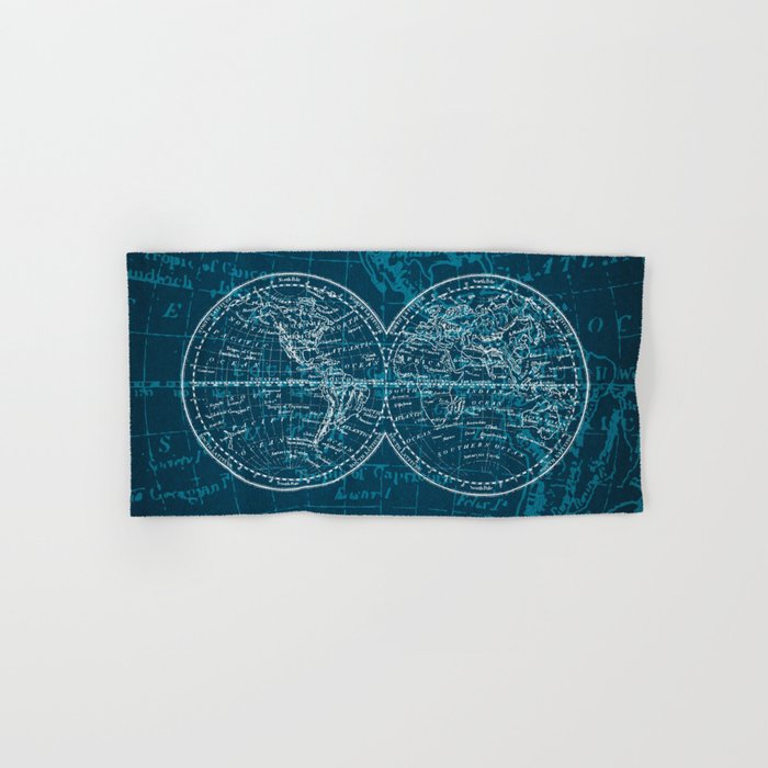 Antique Navigation World Map in Turquoise and White Hand & Bath Towel