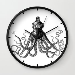 Octopus in Diving Helmet | Deep Sea Divers Helmet | Vintage Octopus | Tentacles | Black and White | Wall Clock