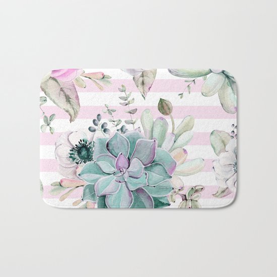 Simply Succulent Garden on Desert Rose Pink Striped Bath Mat