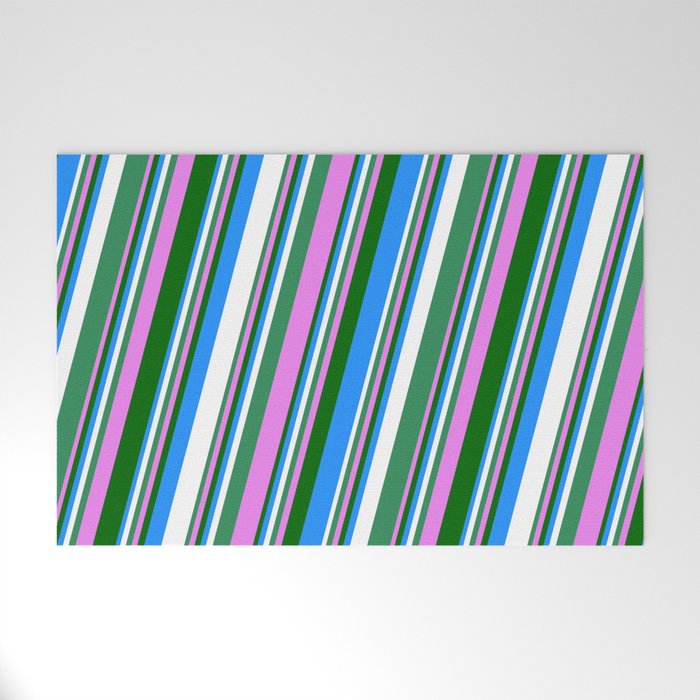Vibrant Sea Green, Violet, Dark Green, Blue, and White Colored Stripes/Lines Pattern Welcome Mat