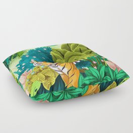 Jungle Tiger | Modern Bohemian Colorful Forest | Tropical Botanical Nature Watercolor Painting Floor Pillow