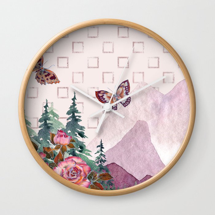 Watercolor Pink Serene Mountains with butterflies and flowers Wall Clock