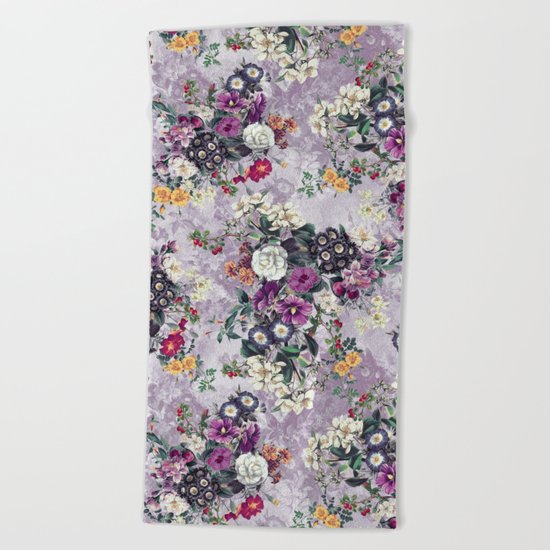 Botanical Flowers Purple Beach Towel