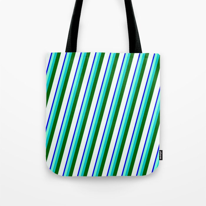 Blue, Aquamarine, Dark Turquoise, Dark Green & Mint Cream Colored Stripes/Lines Pattern Tote Bag