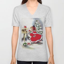 Vintage Christmas Girl With Christmas Cards V Neck T Shirt
