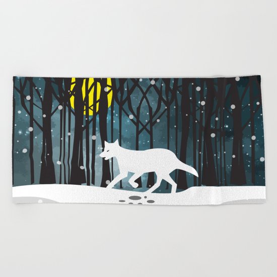 White Wolf at Midnight Beach Towel