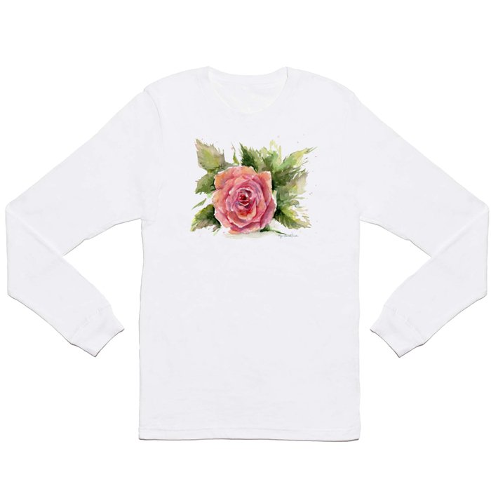 Red Rose Watercolor Pink Rose Flower Floral Art Long Sleeve T Shirt