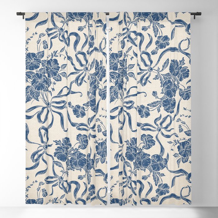 Chic Modern Vintage Ivory Navy Blue Floral Pattern Blackout Curtain