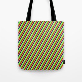 [ Thumbnail: Vibrant Green, Chartreuse, Brown, Coral, and Midnight Blue Colored Lines/Stripes Pattern Tote Bag ]