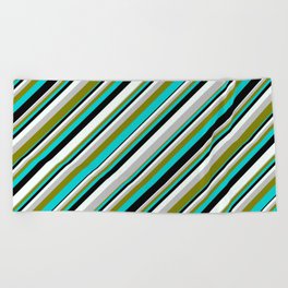 [ Thumbnail: Colorful Grey, Green, Dark Turquoise, Black, and Mint Cream Colored Lined/Striped Pattern Beach Towel ]