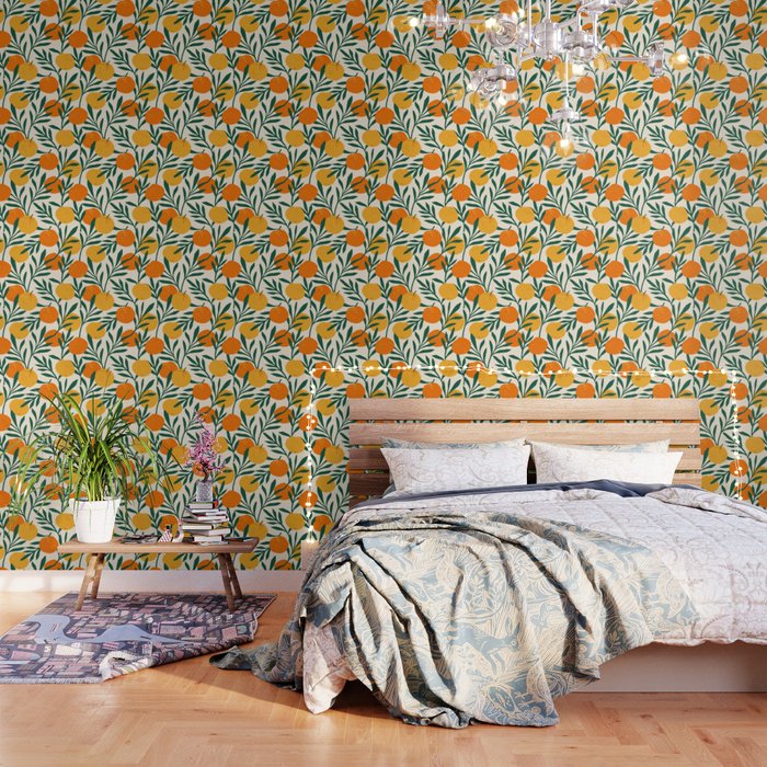 Vintage seamless pattern with mandarins. Trendy hand drawn textures. Modern abstract design Wallpaper