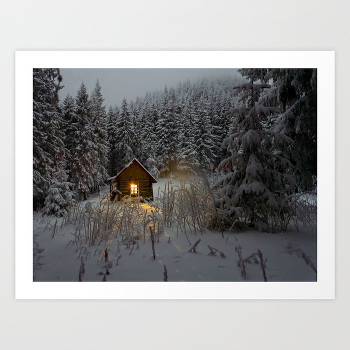 Tiny Cabin In The Winter Forest Snow Covered Pine Trees Art Print