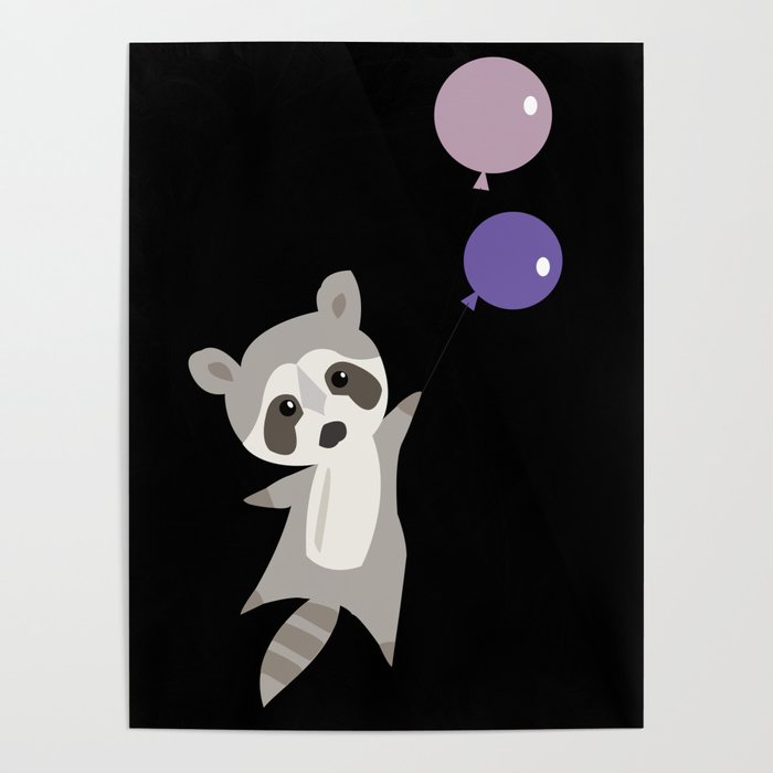 Raccoon Flies Up With Balloons Cute Animals Poster