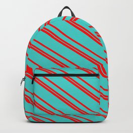 [ Thumbnail: Red & Turquoise Colored Stripes/Lines Pattern Backpack ]