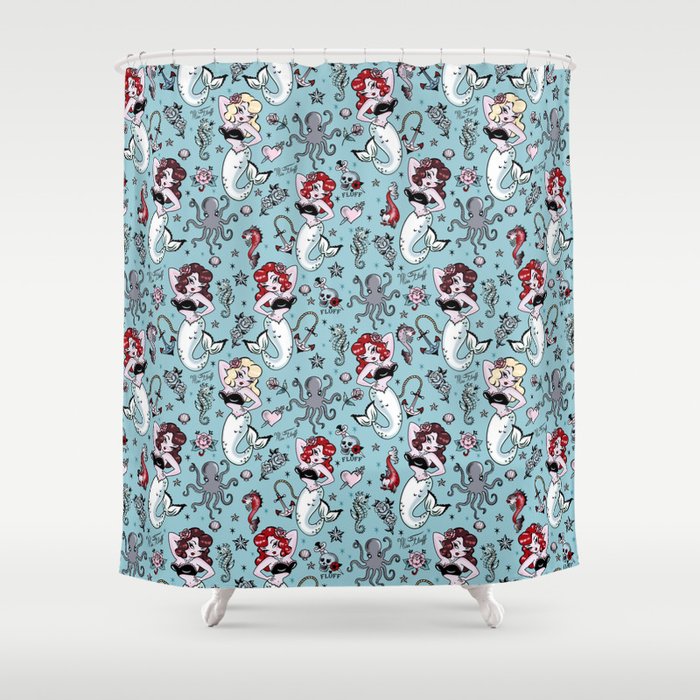 Molly Mermaid vintage pinup inspired nautical tattoo Shower Curtain