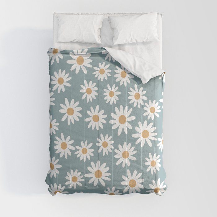 Daisies - daisy floral repeat, daisy flowers, 70s, retro, black, daisy florals dusty blue Comforter