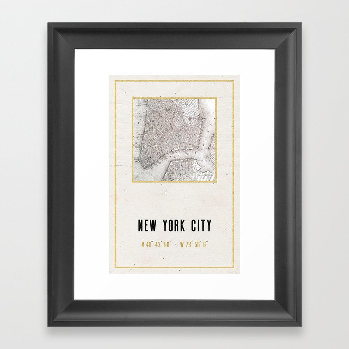 Vintage New York City Gold Foil Location Coordinates with map Framed Art Print