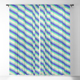 [ Thumbnail: Green, Bisque, Aquamarine, and Blue Colored Lines/Stripes Pattern Sheer Curtain ]