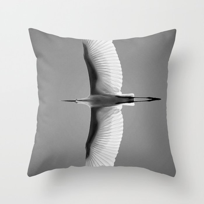 Wings of an Egret in Mid-flight black and white photography - black and white photographs Throw Pillow