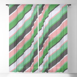 [ Thumbnail: Vibrant Lavender, Light Coral, Sea Green, Green & Black Colored Stripes/Lines Pattern Sheer Curtain ]