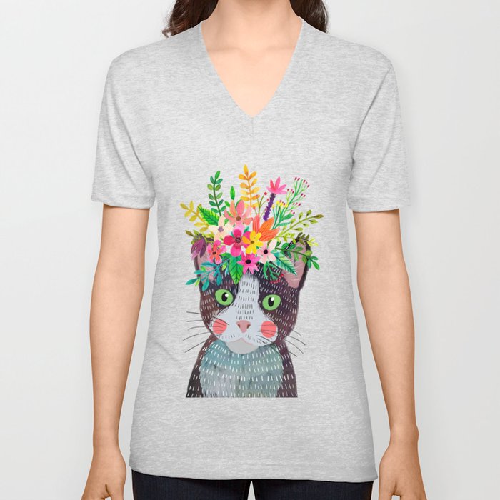 Cat with flowers V Neck T Shirt