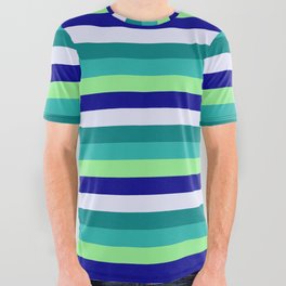 [ Thumbnail: Colorful Light Sea Green, Light Green, Dark Blue, Lavender, and Teal Colored Stripes/Lines Pattern All Over Graphic Tee ]