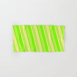 [ Thumbnail: Tan & Green Colored Lines Pattern Hand & Bath Towel ]