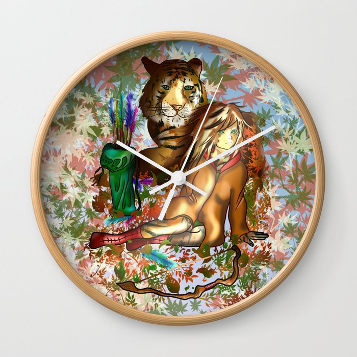 Female wood elf druid with a tiger for dnd fans Wall Clock