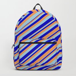 [ Thumbnail: Brown, Light Blue, and Blue Colored Lines Pattern Backpack ]